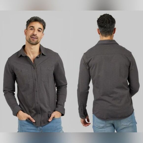 32 Degrees Mens Long Sleeve Soft Knit 100% Cotton Button-Up Shirt Stretch Gray L - Picture 1 of 5